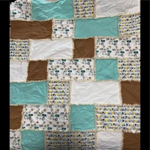 42”square flannel rag quilt  brown/aqua/white